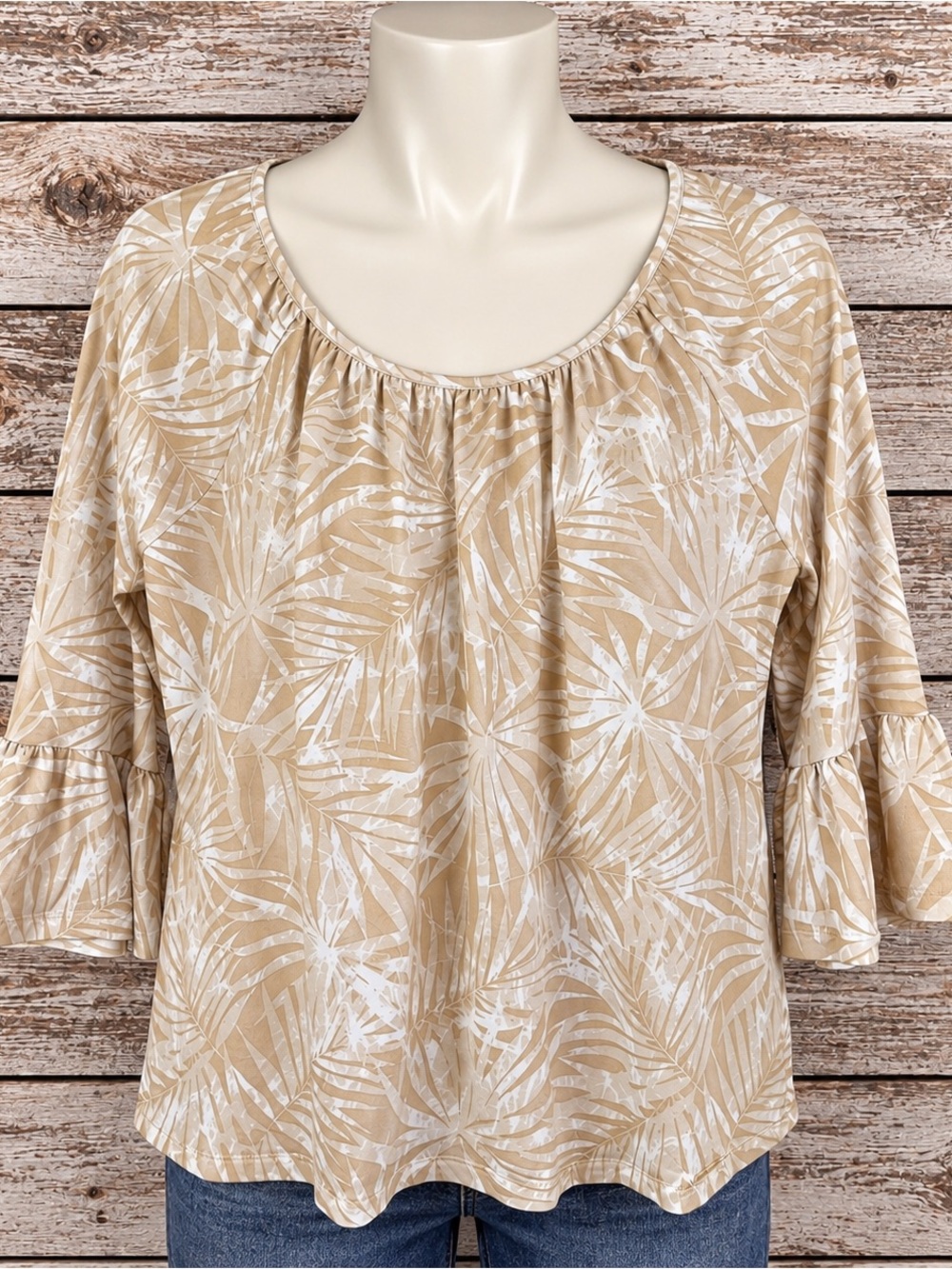 Michael Kors Women’s M Beige Palm Leaf Print Bell Sleeve Blouse Top